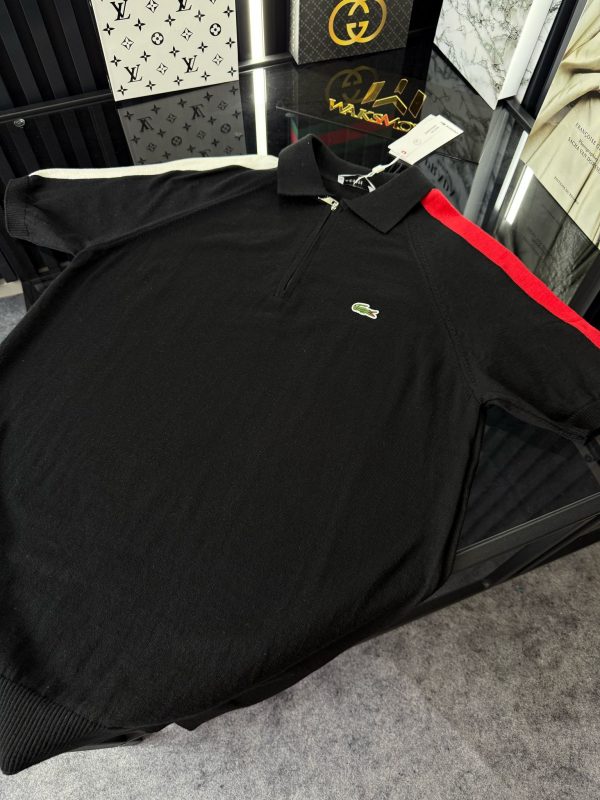 LCST Kırmızı Şeritli Örme Triko Tshirt /Siyah - Görsel 3