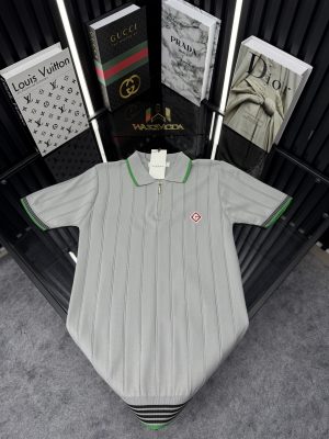 CSBLNC Polo Yaka Örme Triko Tshirt /Gri-Yeşil Şeritli
