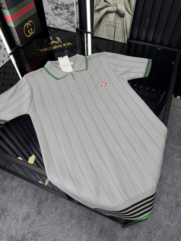 CSBLNC Polo Yaka Örme Triko Tshirt /Gri-Yeşil Şeritli - Görsel 2