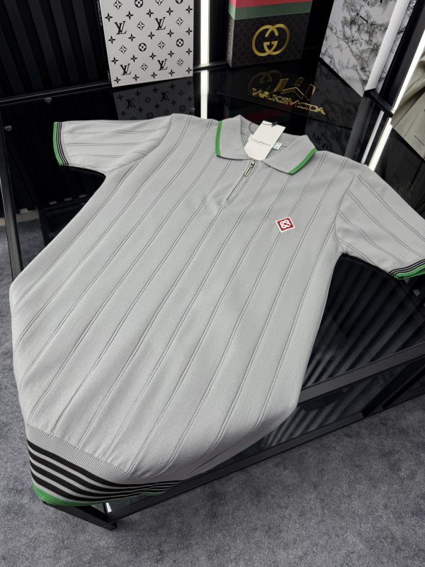 CSBLNC Polo Yaka Örme Triko Tshirt /Gri-Yeşil Şeritli - Görsel 3