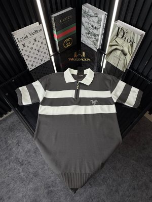 PRD Şeritli Polo Yaka Örme Triko Tshirt /Gri
