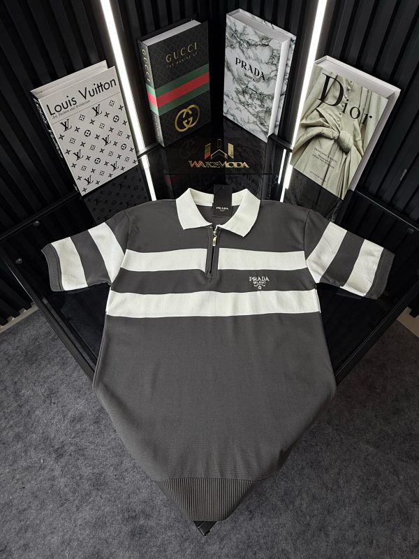 PRD Şeritli Polo Yaka Örme Triko Tshirt /Gri