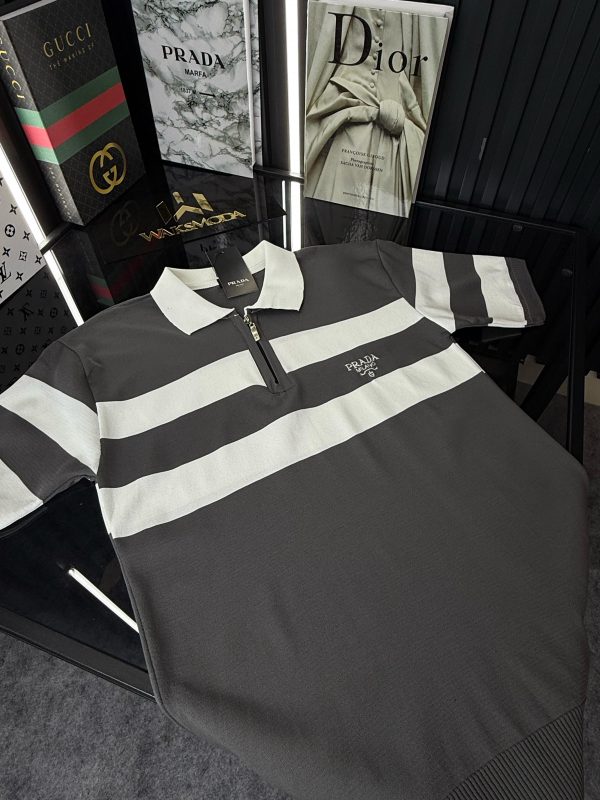 PRD Şeritli Polo Yaka Örme Triko Tshirt /Gri - Görsel 2