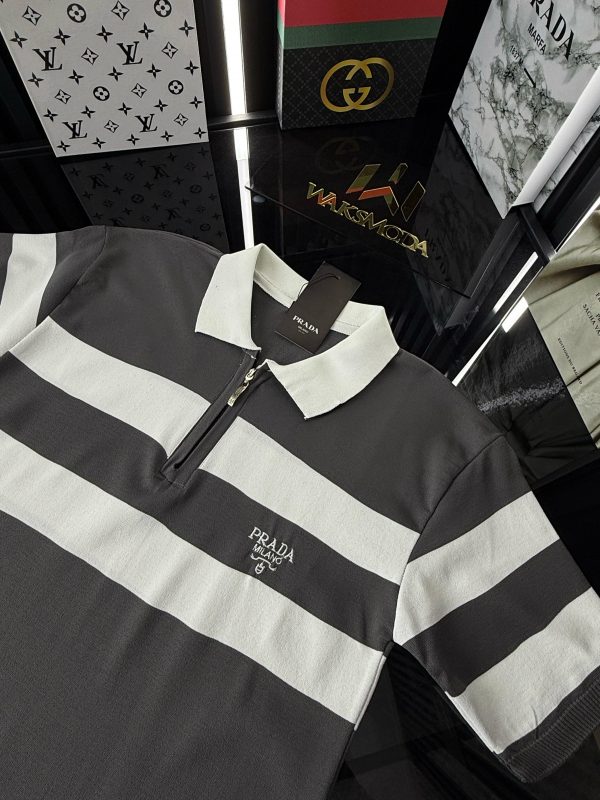 PRD Şeritli Polo Yaka Örme Triko Tshirt /Gri - Görsel 3