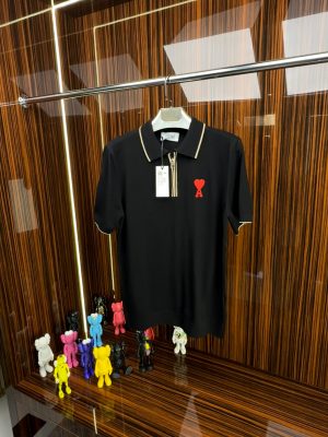 AMİ Örme Triko Fermuarlı Yakası Şeritli Tshirt /Siyah