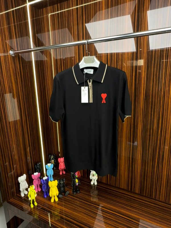 AMİ Örme Triko Fermuarlı Yakası Şeritli Tshirt /Siyah