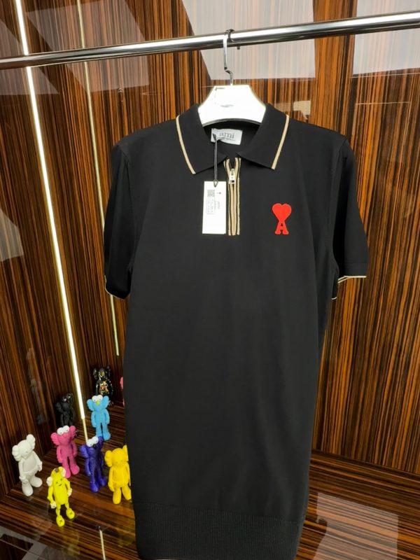 AMİ Örme Triko Fermuarlı Yakası Şeritli Tshirt /Siyah - Görsel 2