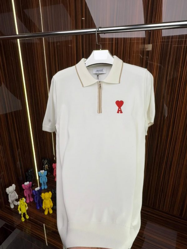 AMİ Örme Triko Fermuarlı Yakası Şeritli Tshirt /Beyaz - Görsel 5